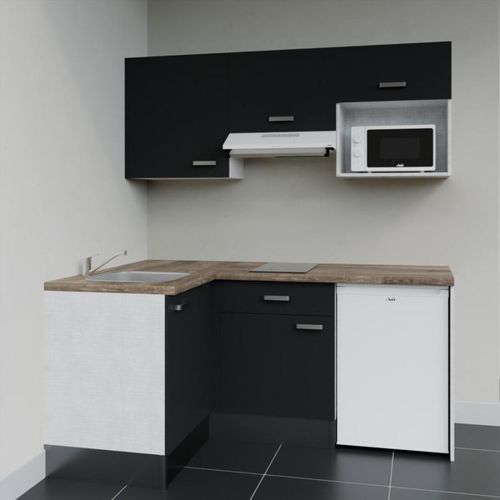 Kitchenette Ka03 - Façades : Noir - Plan Travail : Bois - Crédences : Non - électro : Blanc