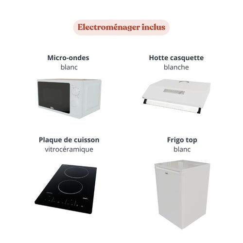 Kitchenette Ka03 - Façades : Noir - Plan Travail : Bois - Crédences : Non - électro : Blanc