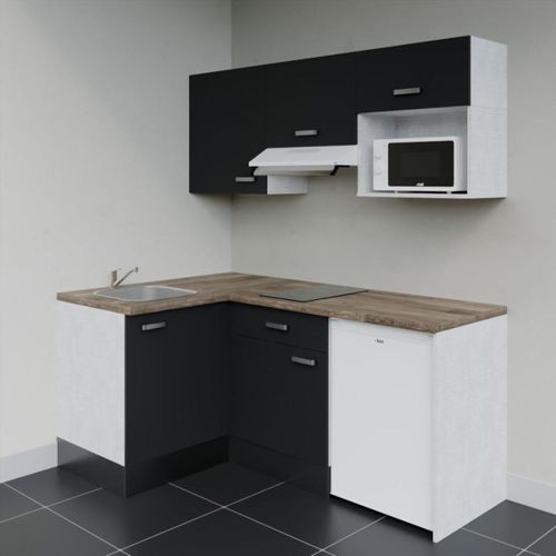 Kitchenette Ka03 - Façades : Noir - Plan Travail : Bois - Crédences : Non - électro : Blanc