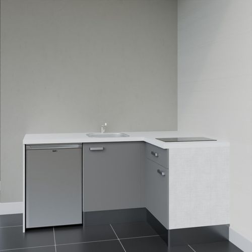 Kitchenette Ka01 - Façades : Gris - Plan Travail : Blanc - Crédences : Non - électro : Inox