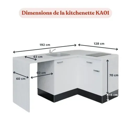 Kitchenette Ka01 - Façades : Gris - Plan Travail : Blanc - Crédences : Oui - électro : Blanc