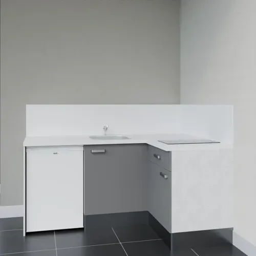 Kitchenette Ka01 - Façades : Gris - Plan Travail : Blanc - Crédences : Oui - électro : Blanc
