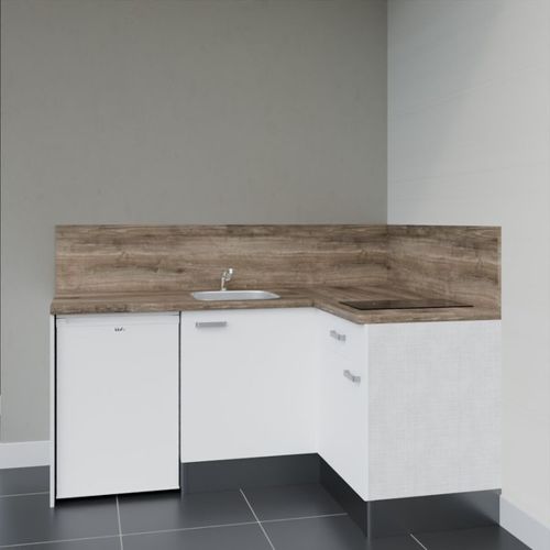 Kitchenette Ka01 - Façades : Blanc - Plan Travail : Bois - Crédences : Oui - électro : Blanc