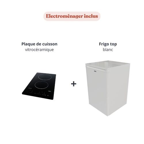 Kitchenette Ka01 - Façades : Blanc - Plan Travail : Bois - Crédences : Oui - électro : Blanc
