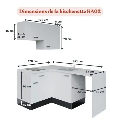 Kitchenette Ka02 - Façades : Gris - Plan Travail : Blanc - Crédences : Oui - électro : Inox