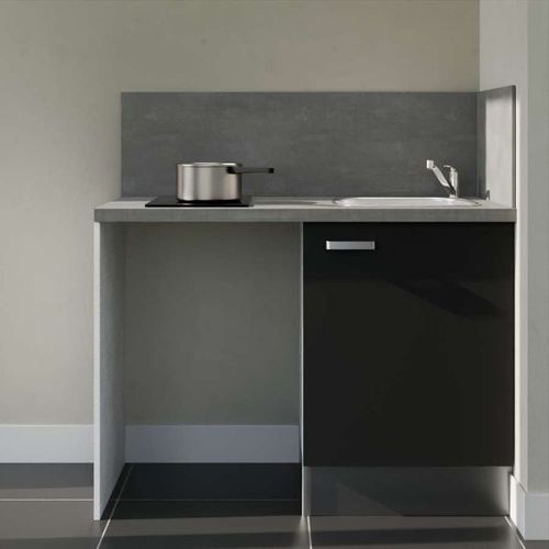 Kitchenette K08 - Noir - Plan Stratifié Gris Béton - Crédences : Oui - Evier Inox