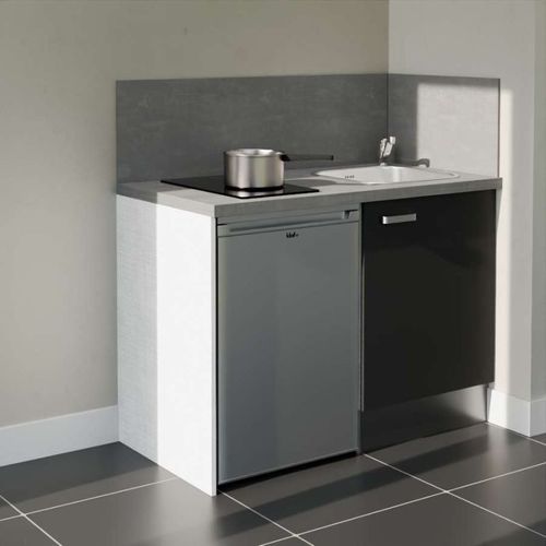 Kitchenette K08 - Noir - Plan Stratifié Gris Béton - Crédences : Oui - Evier Inox