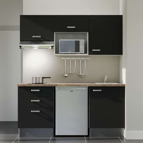 Kitchenette K20 - Façades : Noir - Plan Travail : Bois - Crédences : Non - électro : Inox