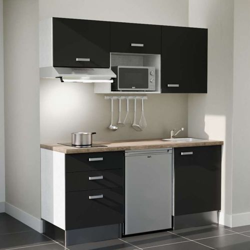 Kitchenette K20 - Façades : Noir - Plan Travail : Bois - Crédences : Non - électro : Inox
