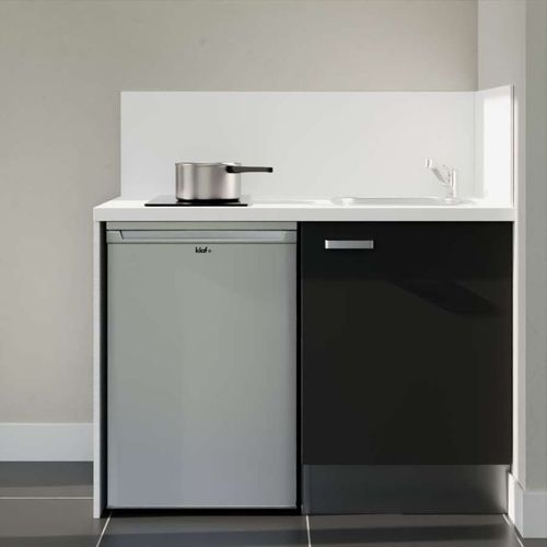 Kitchenette K08 - Façades : Noir - Plan Travail : Blanc - Crédences : Oui - électro : Inox