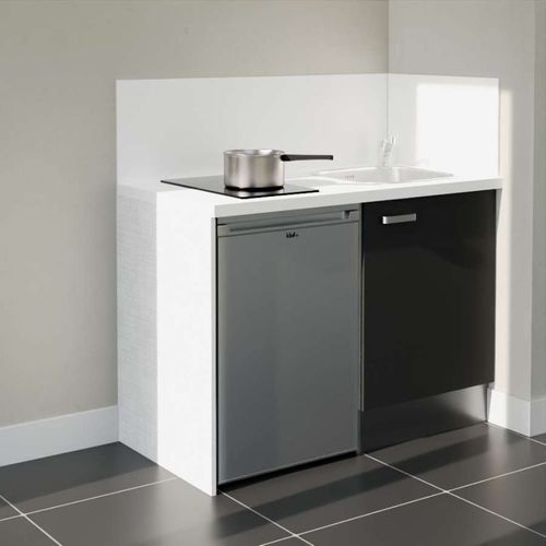 Kitchenette K08 - Façades : Noir - Plan Travail : Blanc - Crédences : Oui - électro : Inox
