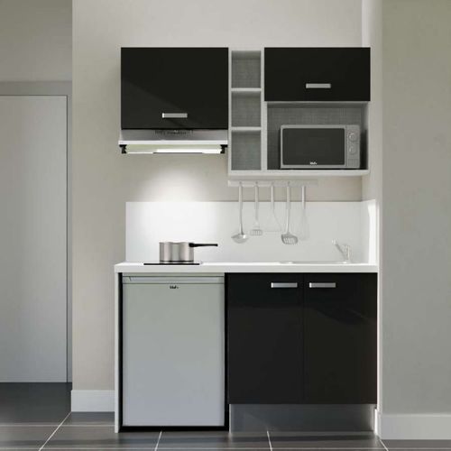 Kitchenette K13 - Façades : Noir - Plan Travail : Blanc - Crédences : Oui - électro : Inox