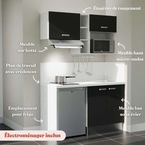 Kitchenette K13 - Façades : Noir - Plan Travail : Blanc - Crédences : Oui - électro : Inox
