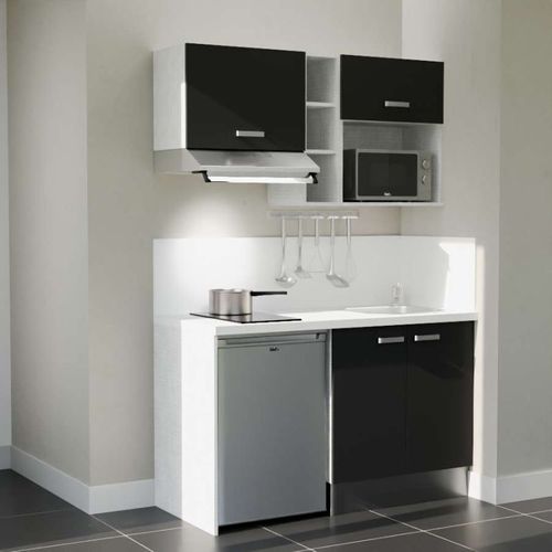 Kitchenette K13 - Façades : Noir - Plan Travail : Blanc - Crédences : Oui - électro : Inox
