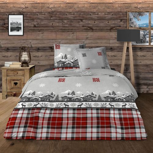 Housse De Couette Chalet + Taie(s) 65x65cm - 100% Coton 57 Fils - Grand Teint, Finition Rabat -