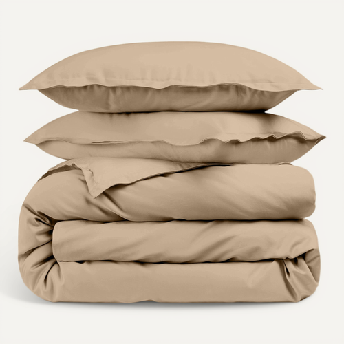 Housse De Couette Taupe 260x240 Cm + Taies Carrées - 100% Percale 80 Fils - Fabriquée En Europe