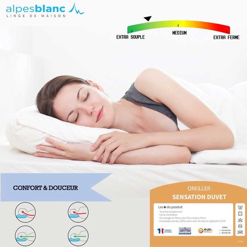 Oreiller Sensation Duvet 65x65 Cm - Fabrication Française, Garnissage Fibres Ultra-fines Isolane