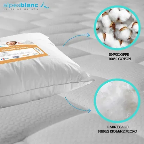 Oreiller Sensation Duvet 65x65 Cm - Fabrication Française, Garnissage Fibres Ultra-fines Isolane