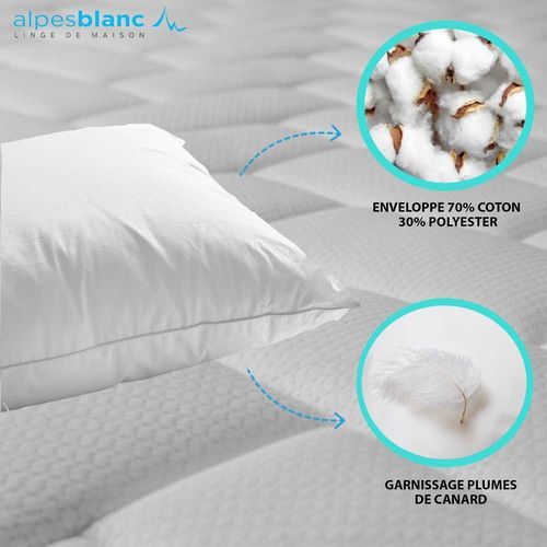 Oreiller En Plumes 65x65cm - Fabriqué En France – Garnissage 100% Plumettes – Enveloppe Antiacariens