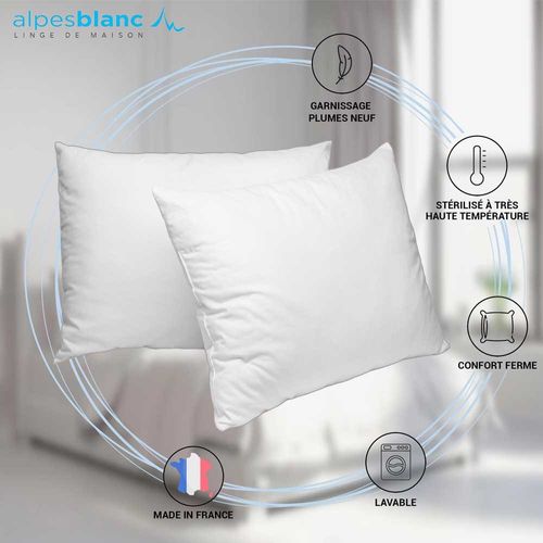 Oreiller En Plumes 65x65cm - Fabriqué En France – Garnissage 100% Plumettes – Enveloppe Antiacariens