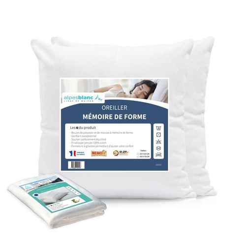 Pack 4 Pièces 50x70-2 Oreillers Mémoire De Forme + 2 Sous Taies Coton