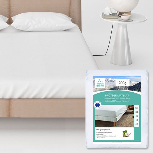 Protège Matelas Coton 90x200 Cm Forme Drap Housse - Molleton Doux 200g/m², Bonnet 30 Cm, Fibre