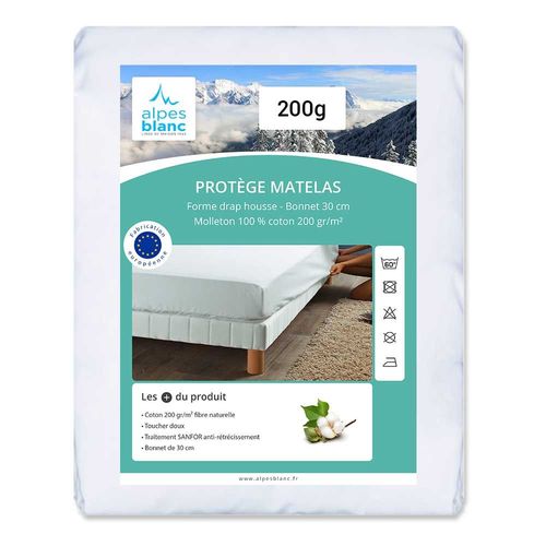 Protège Matelas Coton 90x200 Cm Forme Drap Housse - Molleton Doux 200g/m², Bonnet 30 Cm, Fibre
