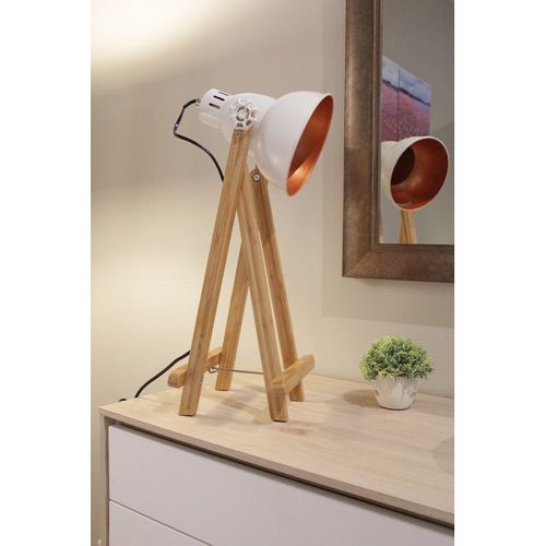Lampe 60 Cm Projecteur En Métal Blanc Et Cuivré Pied Bois - Oxi