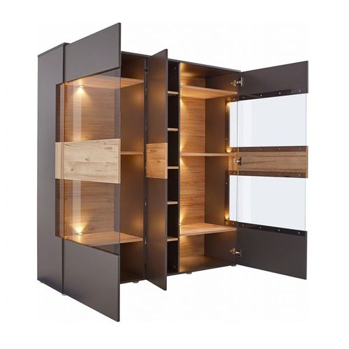 Armoire Vitrine 150 Cm 3 Portes Décor Bois Clair Et Gris - Marbella