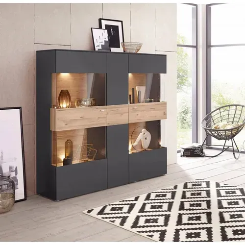 Armoire Vitrine 150 Cm 3 Portes Décor Bois Clair Et Gris - Marbella