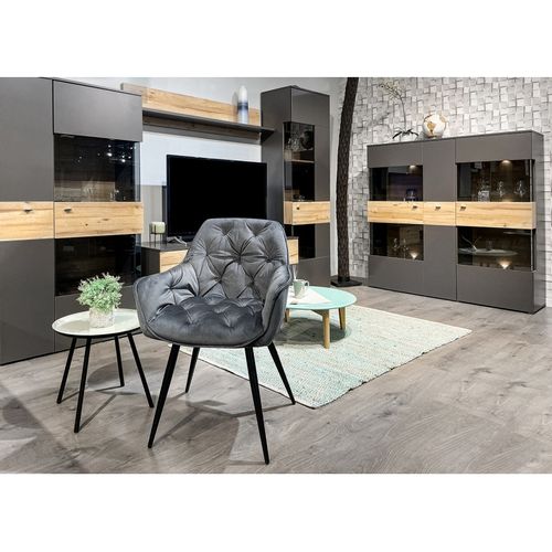 Armoire Vitrine 150 Cm 3 Portes Décor Bois Clair Et Gris - Marbella