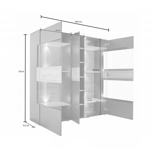 Armoire Vitrine 150 Cm 3 Portes Décor Bois Clair Et Gris - Marbella