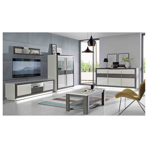 Armoire Vitrine 2 Portes Blanc Laqué Décor Gris Béton Et LED - Calvi