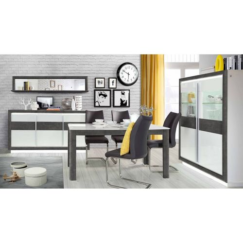 Armoire Vitrine 2 Portes Blanc Laqué Décor Gris Béton Et LED - Calvi