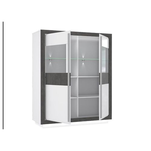 Armoire Vitrine 2 Portes Blanc Laqué Décor Gris Béton Et LED - Calvi
