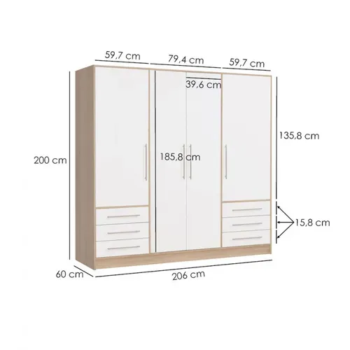 Armoire Dressing 207 Cm 4 Portes Blanc Décor Chêne Clair - Faro
