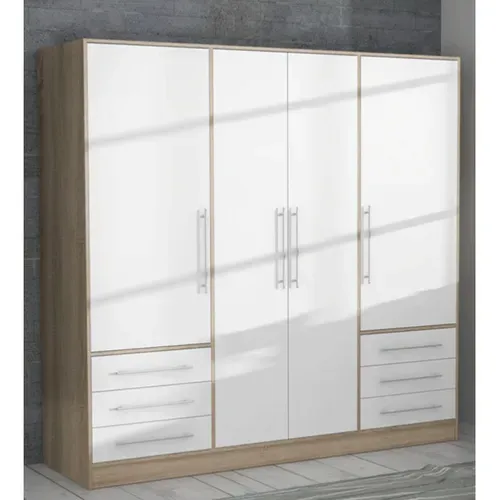 Armoire Dressing 207 Cm 4 Portes Blanc Décor Chêne Clair - Faro