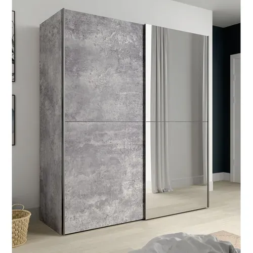 Armoire 2 Portes Coulissantes 5 Tablettes Béton Gris Miroir - Jeik