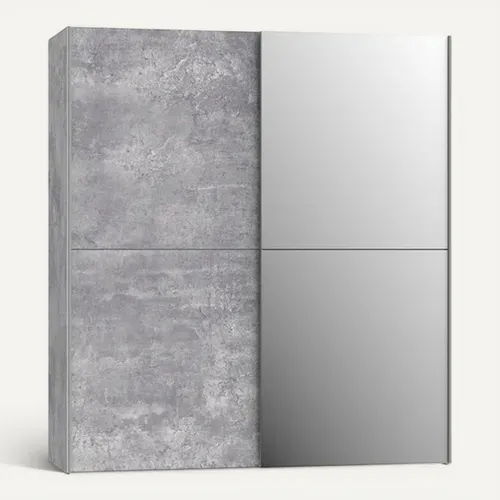 Armoire 2 Portes Coulissantes 5 Tablettes Béton Gris Miroir - Jeik