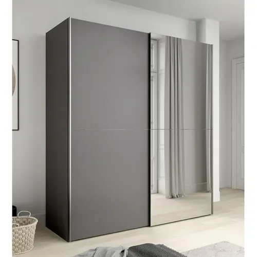 Armoire 2 Portes Coulissantes 5 Tablettes Gris Foncé Miroir - Jeik