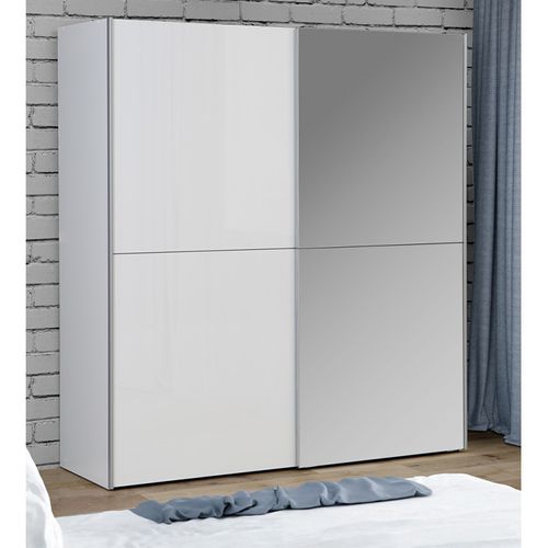 Armoire 2 Portes Coulissantes 5 Tablettes Blanc Laqué Miroir - Jeik