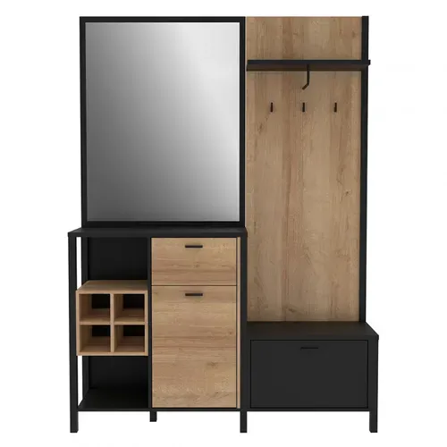 Meuble D'entrée Avec Miroir Et Rangements Décor Bois Et Noir - Mode