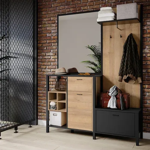 Meuble D'entrée Avec Miroir Et Rangements Décor Bois Et Noir - Mode