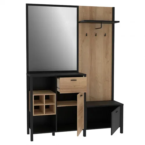 Meuble D'entrée Avec Miroir Et Rangements Décor Bois Et Noir - Mode