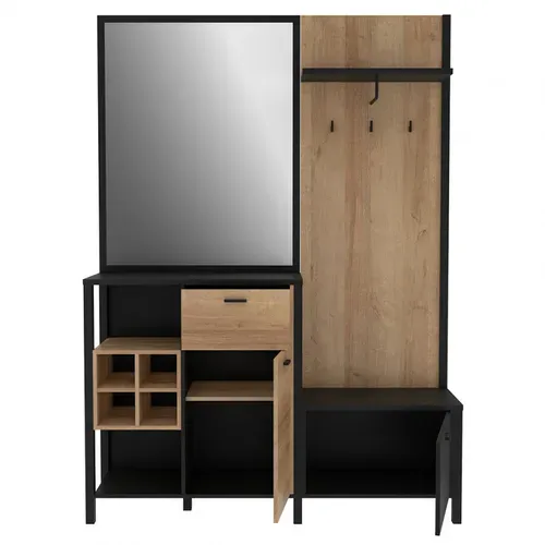 Meuble D'entrée Avec Miroir Et Rangements Décor Bois Et Noir - Mode