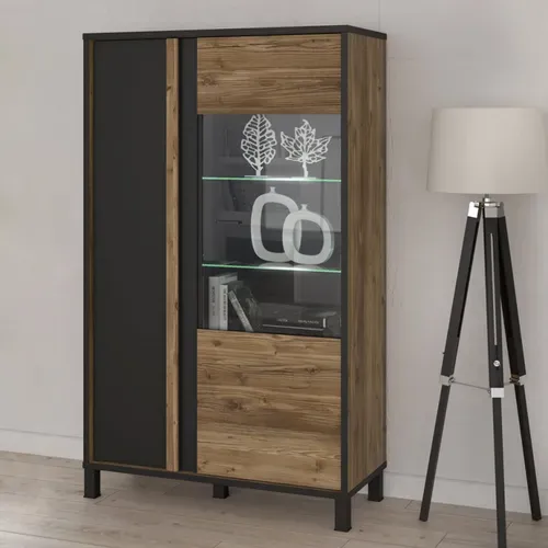Vitrine 159 Cm 2 Portes Décor Bois Et Noir Et Pieds Noir - Celia