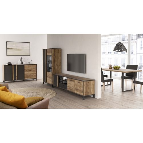 Vitrine 159 Cm 2 Portes Décor Bois Et Noir Et Pieds Noir - Celia