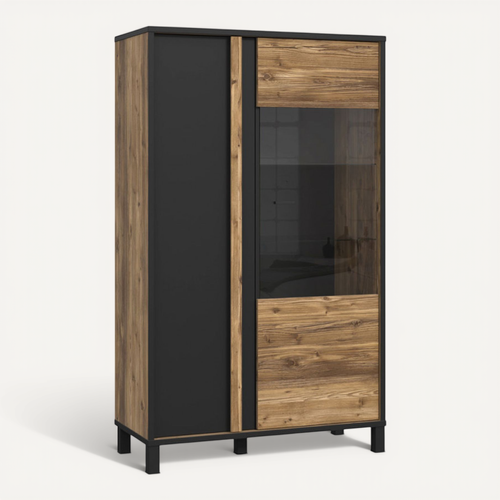 Vitrine 159 Cm 2 Portes Décor Bois Et Noir Et Pieds Noir - Celia