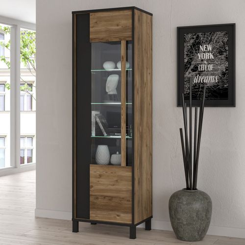 Colonne Vitrine 1 Porte Décor Bois Et Noir Pieds Noir - Celia