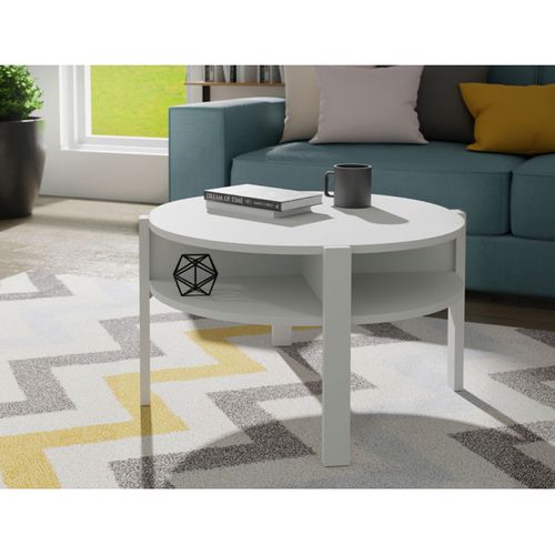 Table D'appoint Ronde D. 74 Cm Blanc Avec 4 Niches Rangements - Rozaly